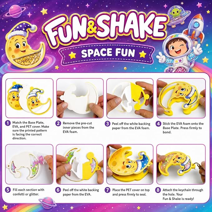 DIY Glitter Craft Kit with Keychains - Mess-Free Arts and Crafts for Kids Ages 4-8, Fun Shake-It Activity, Creative Travel Toys, Party Favors & Birthday Gifts for Girls 4-9
