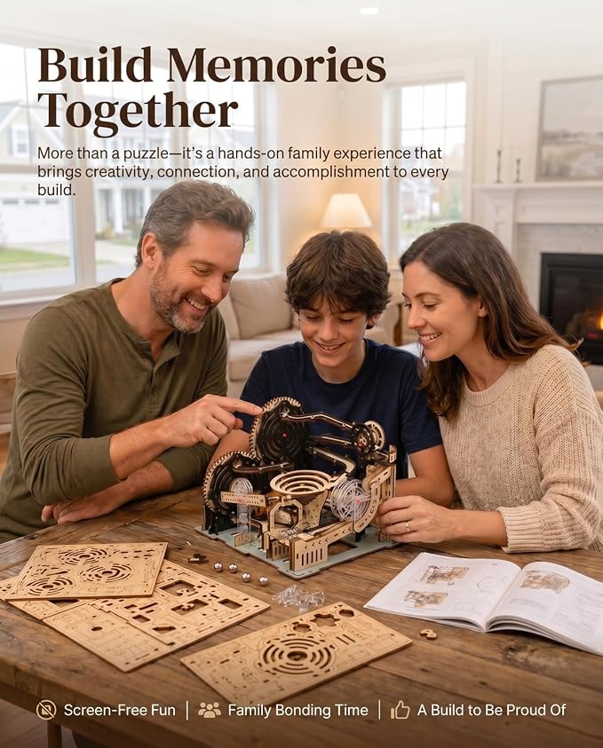 3D Wooden Puzzle for Adults, Electric DIY Marble Run Model Kit with Spiral Funnel, Gear-Driven Motion & Steel Marbles, Brain Teaser Building Toy, Creative Desk Decor Gift for Teens Adults 14+