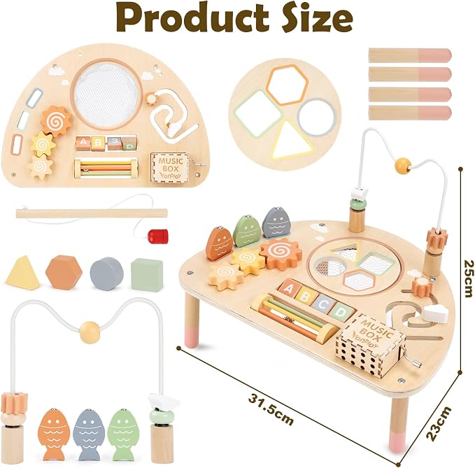 Vanplay 8 in 1 Wooden Activity Table, Montessori Toys for 2 Year Old Gift | Learning Activities with Bead Maze/Music Box/ Fishing Game, Fine Motor Skills, Christmas Birthday Gifts for Girl Boy