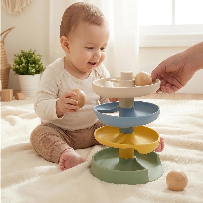 Silicone Ball Drop Tower Toy for Toddlers, 4-Tier Rolling Ramp Track with Wooden Balls, Soft Food-Grade Silicone Montessori Toy for Early Learning, Fine Motor Skill Development, Ages 1–3 | Includes 2 wooden balls, food-grade silicone, detachable design...