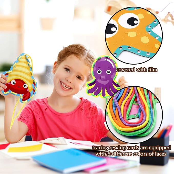 Sea Animals Lacing Cards Sewing Cards For Kids 12 Pack Shark Whale Ocean Theme Party Decor Double Sided Cardboard Lacing Playing Games for Preschool Home Developing Imagination Education Supplies
