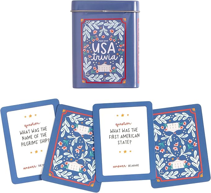 Pippi Post USA Trivia Card Game with Storage Tin, 50 History Quiz Cards | American History, Culture & Landmark Quiz Card Deck, Travel-Friendly Trivia Deck for Road Trips, Game Nights & Learning Fun