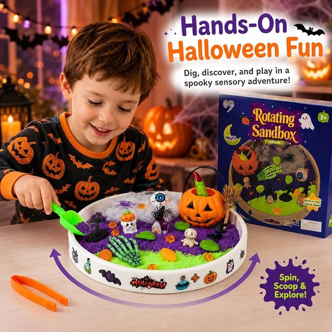 Halloween Sensory Bin Rotating Sandbox with Glow Sand Kit for Kids | Sensory Play Set with Glow-in-the-Dark Sand and Halloween Figures, gift for for boys and girls ages 3-8