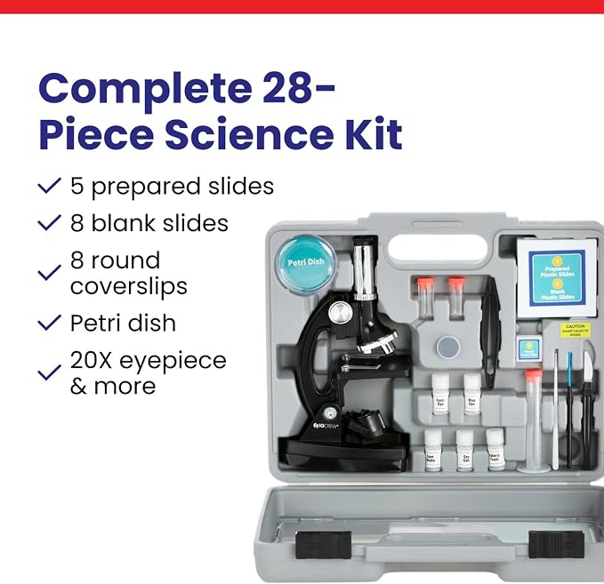 AmScope M30-ABS-KT51/KT2 51-piece 300x-600x-1200x Metal Frame Kids Student Beginner Compound Microscope Kit | Monocular Head Compound Biological Microscope