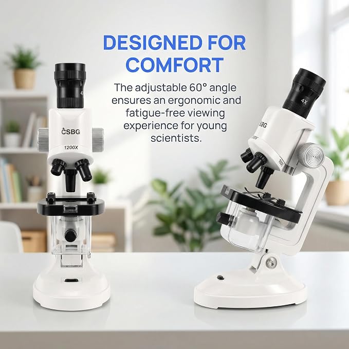 Kids Microscope Kit with LED Light - 100X/400X/1200X Magnification for STEM Learning, 12 Prepared Slides, Easy-to-Use Science Learning Kit (Ages 5-12) - White