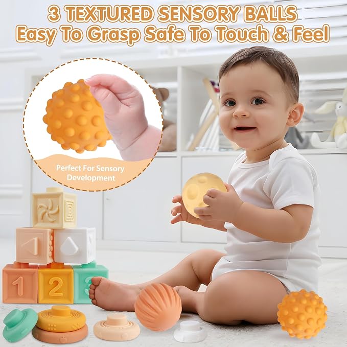 6-in-1 Montessori Baby Toy Set with Musical Instruments Toddler Baby Gift | Wooden xylophone with 2 sticks, maraca and clarinet; 6 soft blocks, 5 stacking rings, 3 sensory balls; music and sensory play