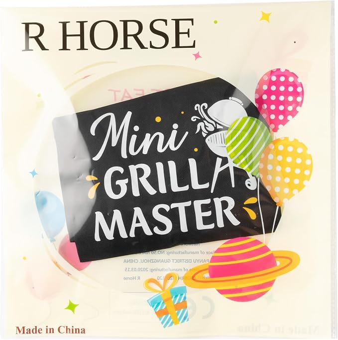 R HORSE Kid Apron and Chef Hat Set 2Pcs Adjustable Black Mini Grill Master Children Kitchen Apron, Dress up Role Play Chef Toy Funny Cooking Baking Painting and Training Kits for Kids Birthday Gift