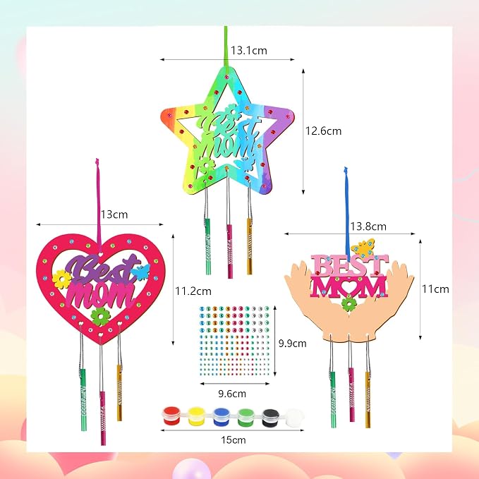 Fennoral 9 Pack MOM Wind Chime Kit for Kids Make You Own Mother's Day Wind Chimes DIY Coloring Mother's Day Wooden Art and Craft for Art Activity Mom's Birthday Decoration Mum Gifts