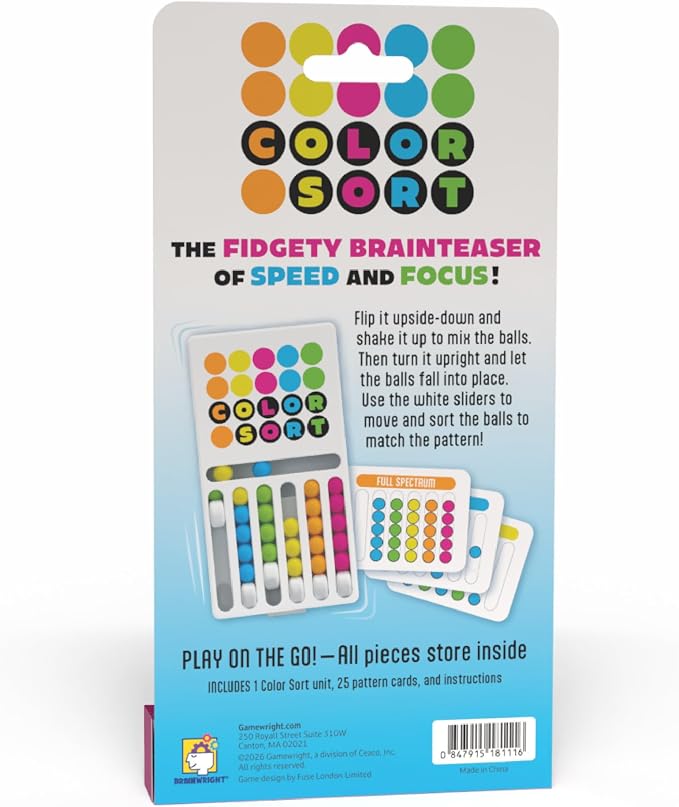 Brainwright Color Sort Game - Travel Brainteaser & Fidget Toy for Kids 8+, Fast Color Sorting Puzzle, Screen-Free Family Board Game