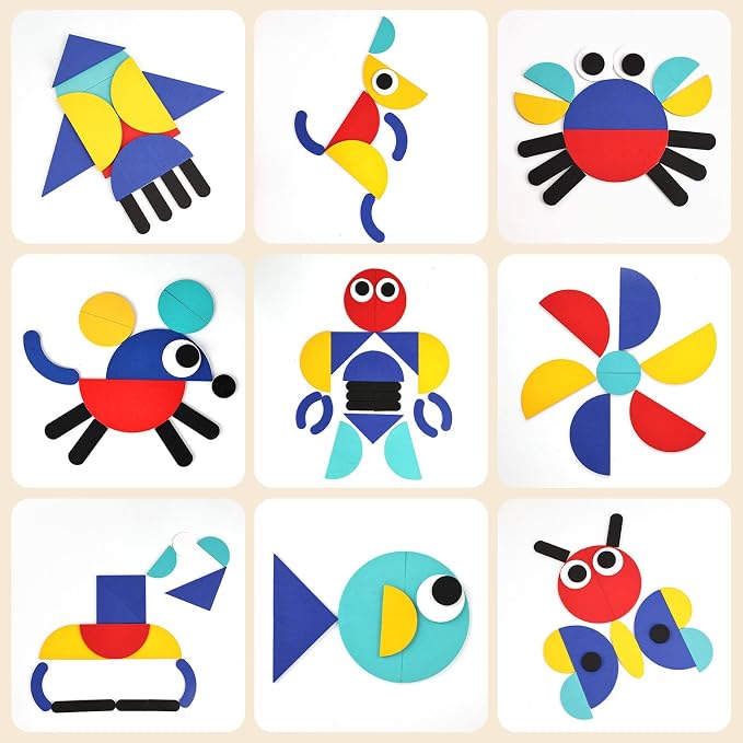 LovesTown Pattern Blocks with Iron Box, Wooden, 96pcs | for Kids 3+, Montessori Learning Toys, Indoor Recess Activities, No-Screen Quiet Play