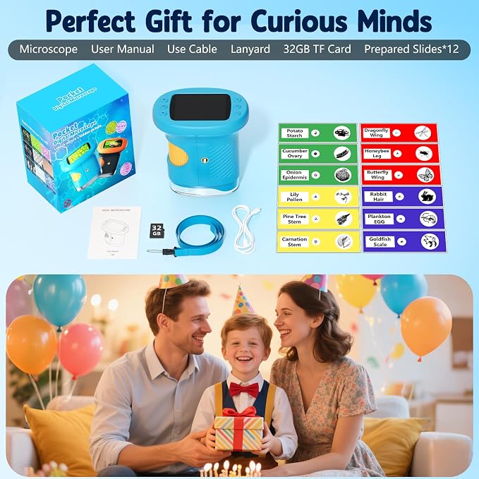Odatay 4K 1000X Digital Microscope for Kids with 32G Card, Long Distance Viewing & 2.4" Screen Portable Handheld Edu Toys for Age 3-12 Exploring Bugs Plants at Home Classroom & Outdoor Travel, Blue