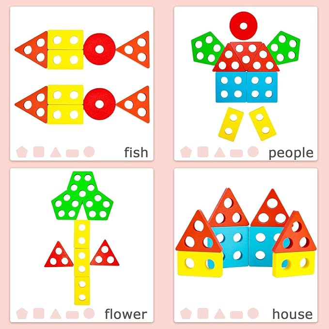 LovesTown Wooden Stacking Sorting Toy, 20PCS | Montessori Sensory Puzzle, Preschool Learning, Shape Recognition, Matching Game, Daycare Gifts