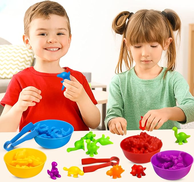GKDOMS Counting Dinosaurs Toys Matching Game with Sorting Bowls Preschool Learning Activities Montessori Sensory Toys for Math Color Sorting, Party Favors Birthday Gift for Toddlers