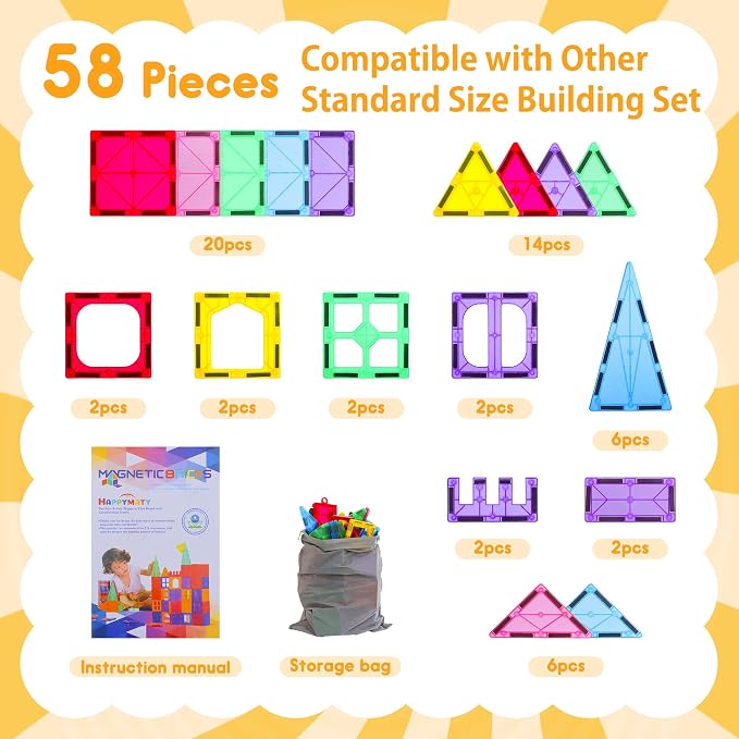 Antibacterial Magnetic Tiles, 58PCS 3D STEM Building Blocks Set | Bacteria Resistant, EPA-registered, Toddler-Safe, Strong Magnets, Preschool Education Construction Toy, Clean Play for Kids