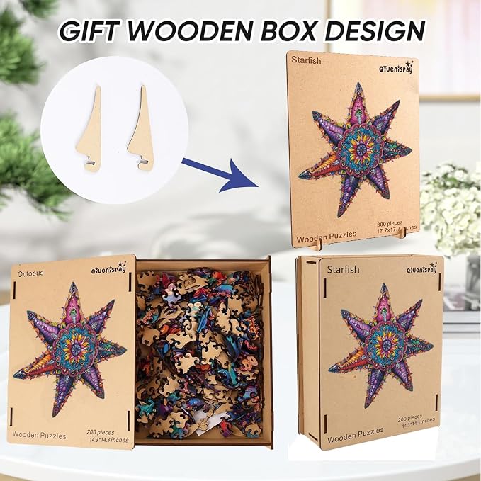 Qiuenisray Wooden Jigsaw Puzzles for Adult 500 Piece, Starfish Ocean Puzzle | Wood Jigsaw Puzzles, Wall Decor, FSC Certified Unique Shape Adult Puzzles Piece, Creative Gift for Family Games 20.3x20.3 in