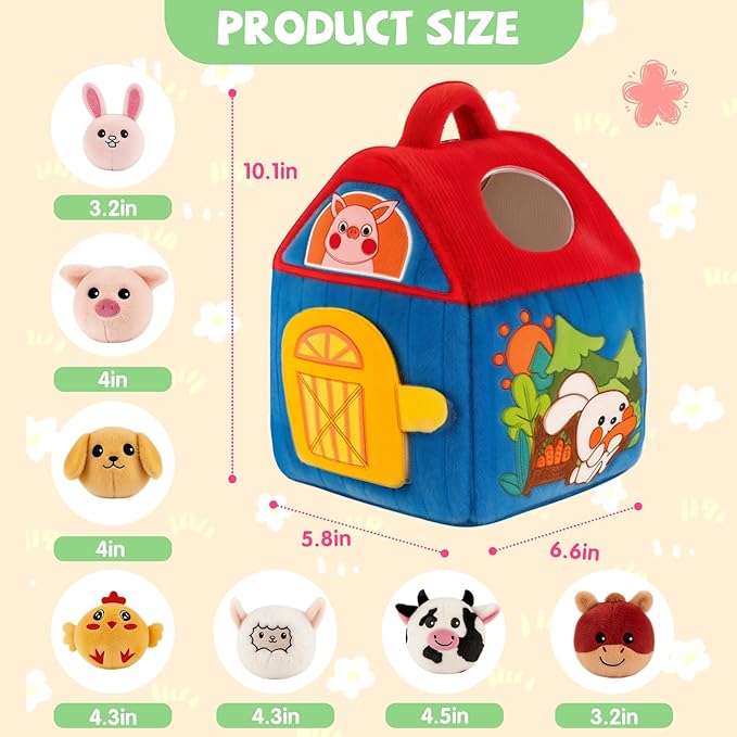 SAIMAND Montessori Farm Toy for Babies, Plush Barn with 7 Soft Animal Toys | Crinkle, Squeaky, Rattle, Mirror, Portable Barn Storage, Fine Motor Play, Multi-Sensory Learning, Gift for Infants & Toddler
