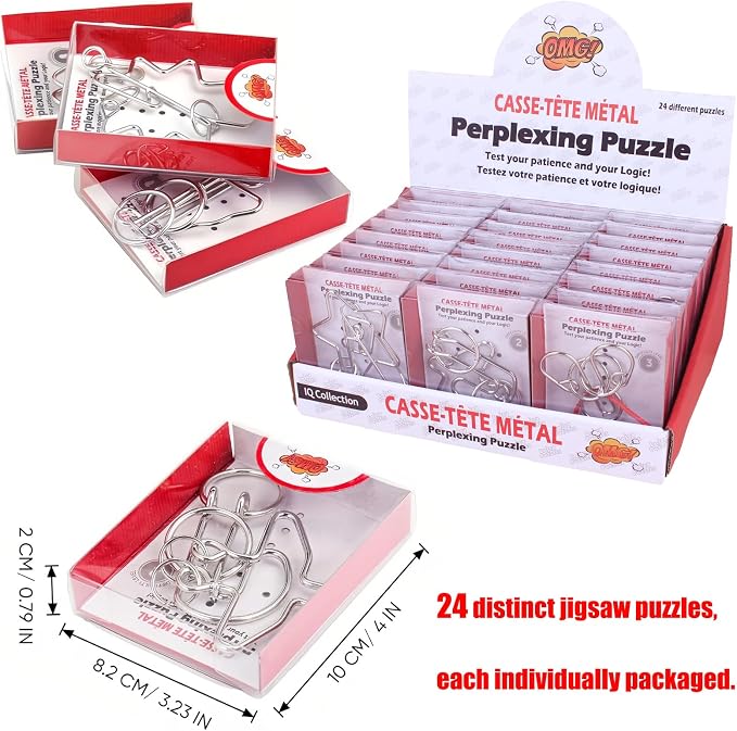 24 Pack Metal Wire Puzzles for Adults & Kids - IQ Brain Teaser Stress Relief Toys, Classic Interlocking Logic Games with Gift Box, Gift for Puzzle Lovers