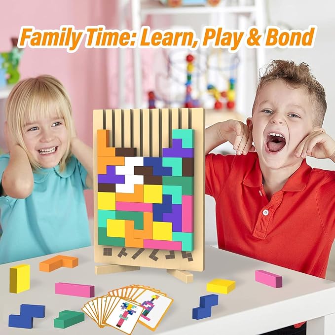 Wooden Block Puzzle Montessori Toys, Colorful Stacking Game Brain Teaser Puzzles for Toddlers and Kids with 20 Cards, Educational Wooden Toy Gifts for 3 4 5 6 7 8 Year Old Boys and Girls