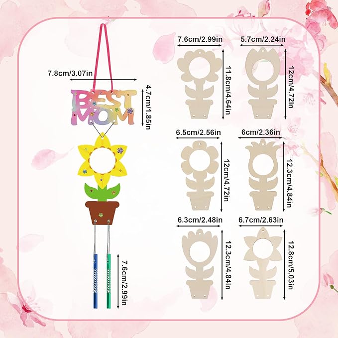 Fennoral 12 Pack Flower MOM Wind Chime Kit for Kids Make You Own Mother's Day Craft Kit DIY Coloring Wooden Art and Craft for Mom's Birthday Decoration Mother's Day Gifts from Daughter Son