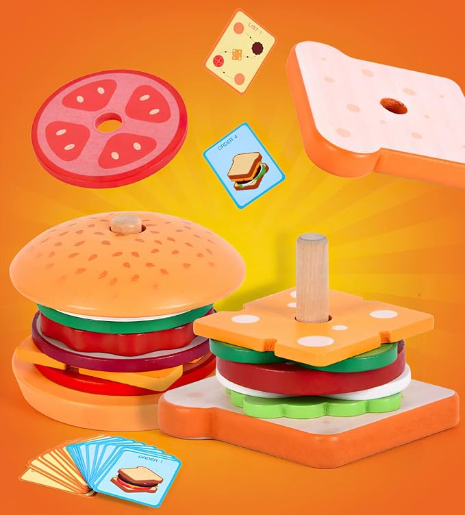 Wooden Burger Stacking Toys for Kids, Play Fake Food Toy, Montessori Toys for 3+ Year Old, Preschool Educational Toys to Develop Fine Motor Skills (Burger)