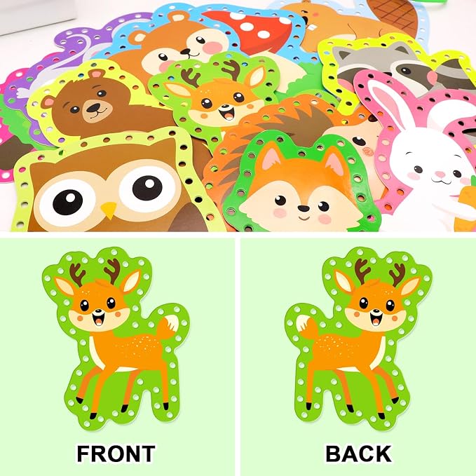 Omlisca Woodland Animals Lacing Cards for Kids 12 Pack Forest Animals Sewing Cards Owl Fox Bear Woodland Theme Party Decor Arts and Crafts Gifts for Toddler Preschool Developing Imagination Supplies
