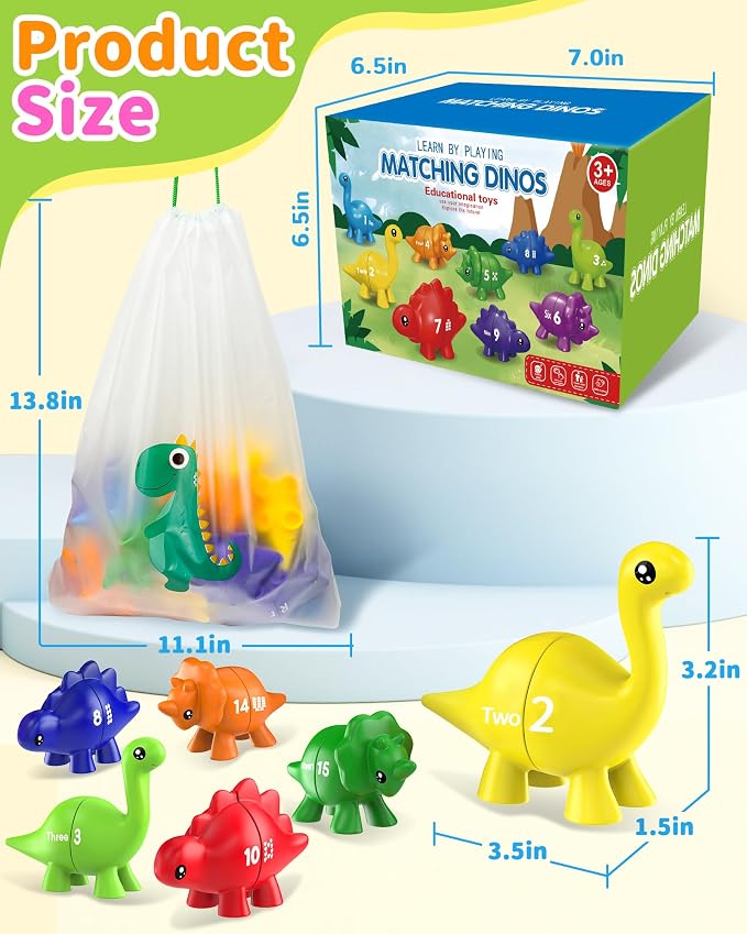 Number Dinosaur Toys for Kids 3-5, Montessori Learning Toys for 3 Year Old | Preschool Educational Toy, Toddler Boy Girl Gifts, Dino Travel Toy, Double-Sided Dinosaurs, Learn Numbers, Matching Game