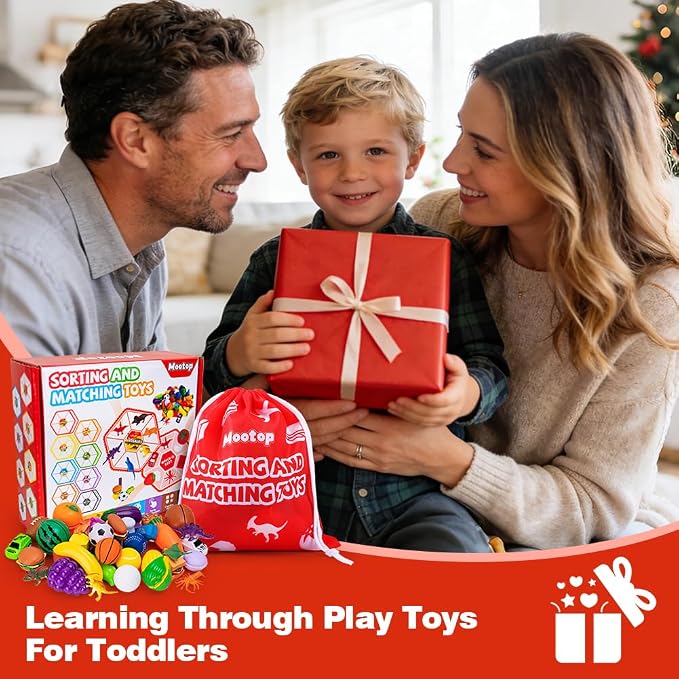 48-Piece Sorting-Toys-for-Toddlers, Learning Fine-Motor-Toys Sorting-Games | Sorting Matching Toys Match Card & Sort Game Set with Storage Bag, Animals Dinosaurs Fruits Foods Balls Playset for Ages 2–5