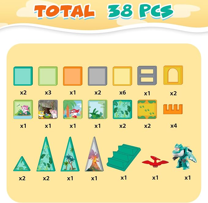 Magnetic Tiles with Tino Dinosaur Transformable Toy, STEM Building Blocks for Kids Ages 3-8, Travel Magnet Construction Set, Educational Dino Toys for Boys Girls Preschool Learning