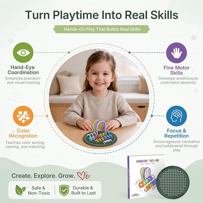Silicone Sensory Activity Board for Toddlers Fine Motor Skills Fidget Toys | Kids calming noodles threading board eases anxiety ADHD autism portable classroom airplane office gift for adults all ages