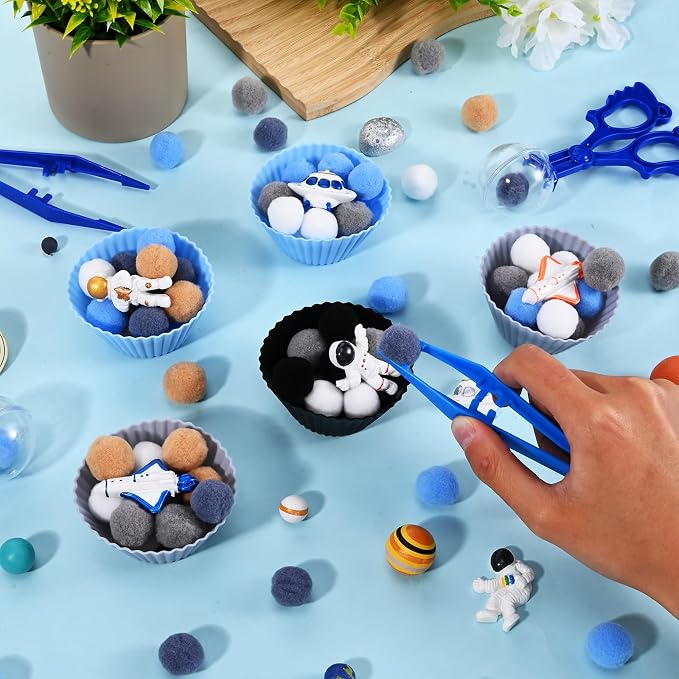 Sanixn 152 Pcs Space Sensory Bin Fillers Outer Space Fine Motor Skills Astronauts Sensory Bin Item Pompoms Cups Tweezers Scissor Clips for Preschool Education Activities Sorting Counting(Space)
