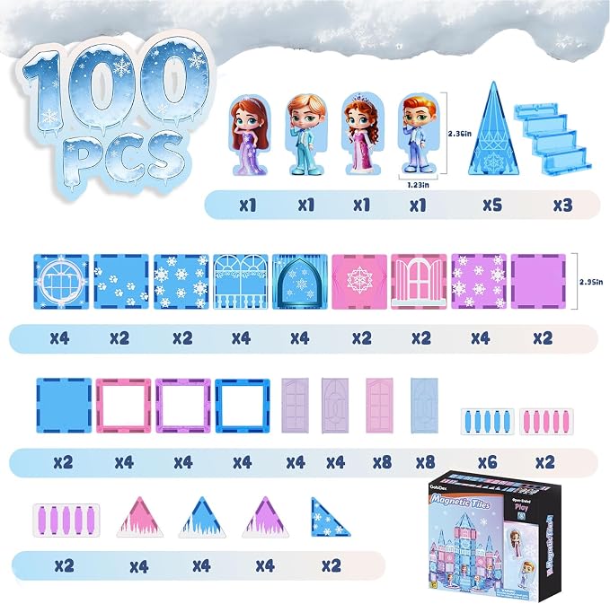GobiDex 100PCS Magnetic Tiles Princess Castle Building Set with 4 Dolls | Princess Magnetic Blocks Building Toys for Kids Ages 4-8, Colorful Magnetic STEM Toys, 3 4 5 6 Year Old Girl Birthday Gifts