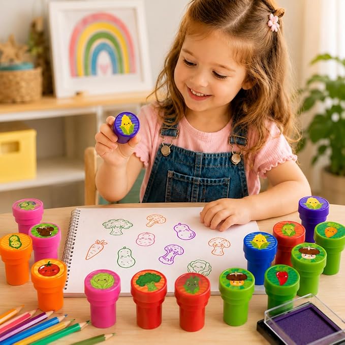 Cinrobiye 24 Pcs Vegetable Stampers Party Favor Set, Cute Veggie Stamps for Kids Birthday Party, Classroom Rewards, Educational Learning Toys, Goody Bag Fillers, Healthy Food Party Supplies
