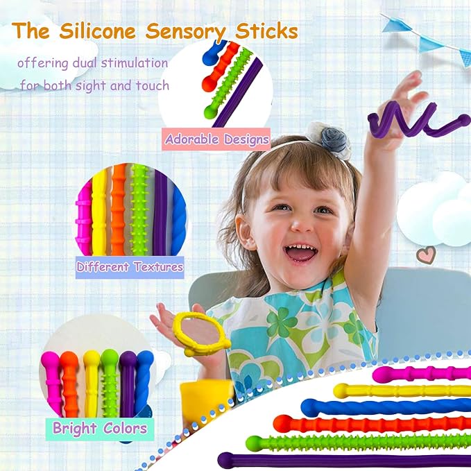 Tendry Fidget Sensory Sticks Toys for Kids Adults, 6PCS Silicone Textured Sensory Anxiety Relief Fidgets for Classroom Prize with Autism ADHD, Calm Down Corner Supplies(3 Yeas+)