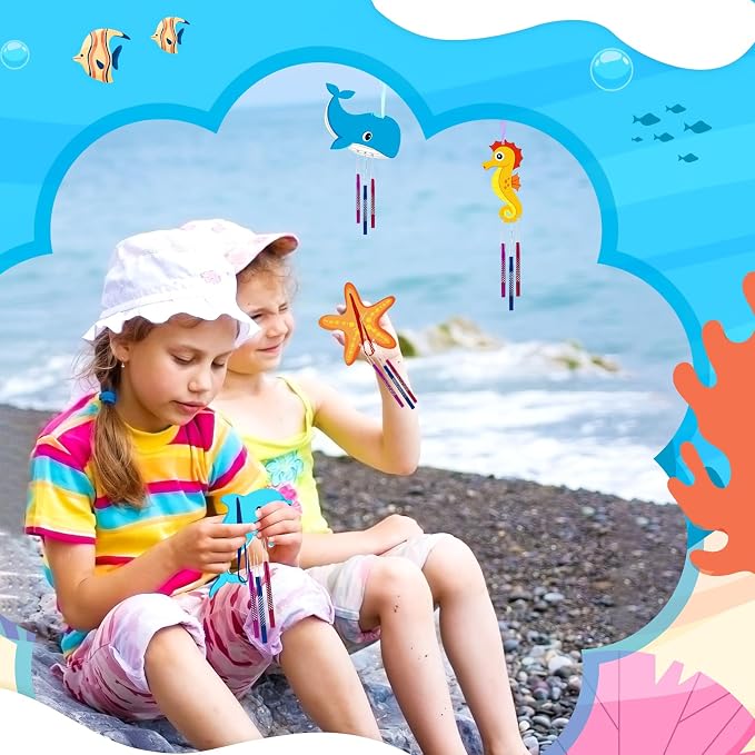 Wooden Ocean Animals Wind Chime Kit Make Your Own Sea Animal Crafts Coloring DIY Wind Chime kit for Summer Activities Birthday Favor School Home Art Party Decorations 9 Pack
