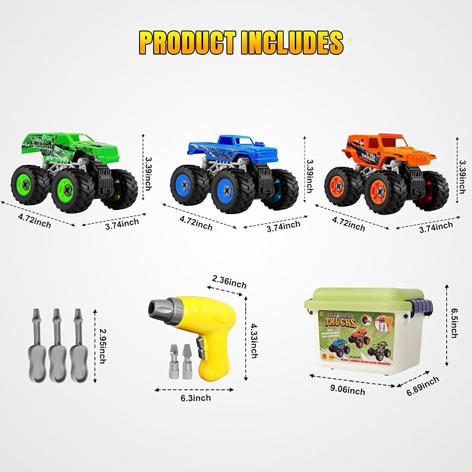 Take Apart Monster Truck Toys for 3 4 5 6 7 8 Year Old Boys, STEM Educational Building Toys with Electric Drill & Storage Box, Kids Toys Christmas Birthday Gifts for Boys Girls Toddlers