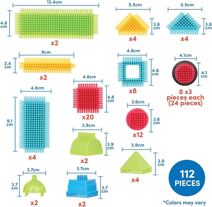 Battat Bristle Blocks Basic Builder Set, 112-Piece Building Blocks, Playset | Interlocking building blocks with soft bristles, assorted sizes and colors, plus 8 wheels for motion play, Playset, 2+ Years