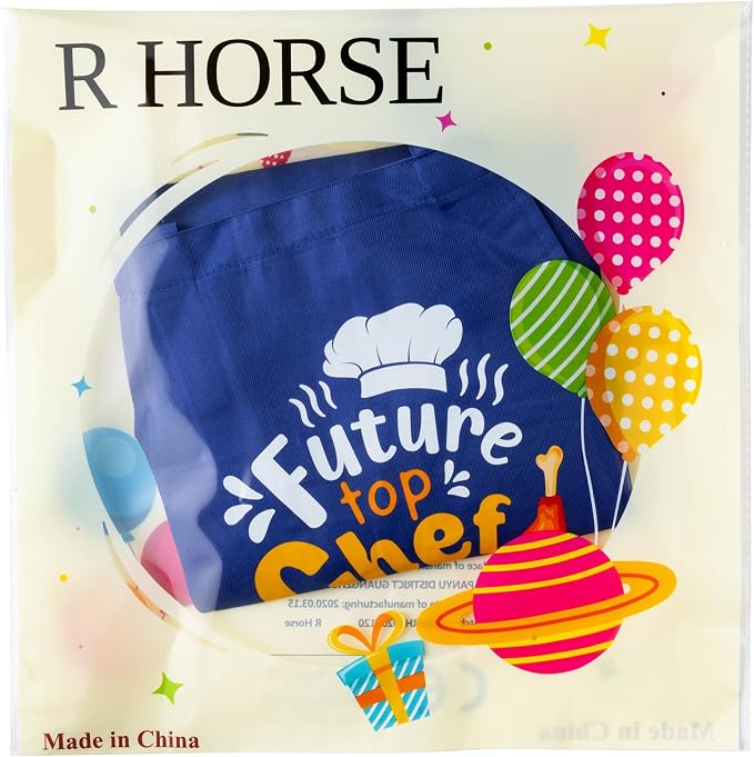 R HORSE 2 Pieces Kid Apron and Chef Hat Set, Dress up Role Play Chef Toy | Blue Future Top Chef Adjustable Kid Kitchen Apron with Pockets, Ideal for Cooking, Baking, Painting, Cooking Birthday Gift