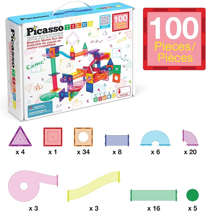 PicassoTiles 100 Piece Marble Run Magnetic Tiles Race Track STEM Ages 3+ | BPA-free ABS plastic, reinforced edges, curved slopes and U-turns, steel balls included, open-ended maze layouts, shared play