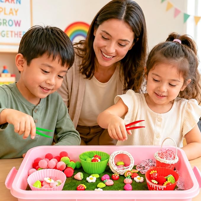 Cinrobiye 192 Pcs Strawberry Theme Activity Fillers Set with Storage Box, Summer Fruit Accessories, Artificial Grass Mat, Flowers, Pompoms & Decorative Materials for Classroom Activities, Home Project