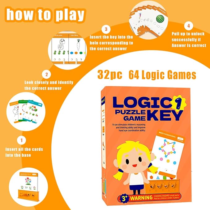 3 Levels Difficulty Toddler Preschool Educational Logic Key Toys, 64 Active Logic Flashcard Puzzles, for Kids with Card Base & Key,Logic Puzzle for Kids (3)