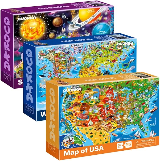 300 Piece Puzzles for Kids Ages 6-8 - 3 Jigsaw Kids Puzzles Ages 4-6 | Puzzles for Kids Ages 8-10 Learning United States Map, World and Space - Educational Game for Children 12 Year Old