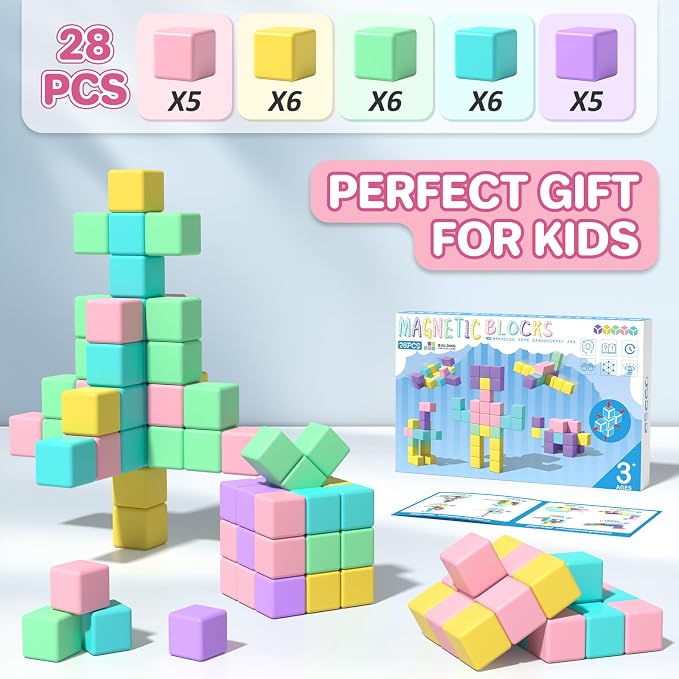 Magnetic Blocks for Toddlers, 1.34in Macaron Magnetic Building Cubes for Kids Ages 1-3, Stem Preschool Stack Construction Educational Toys for 3+ Years Old Boys Girls