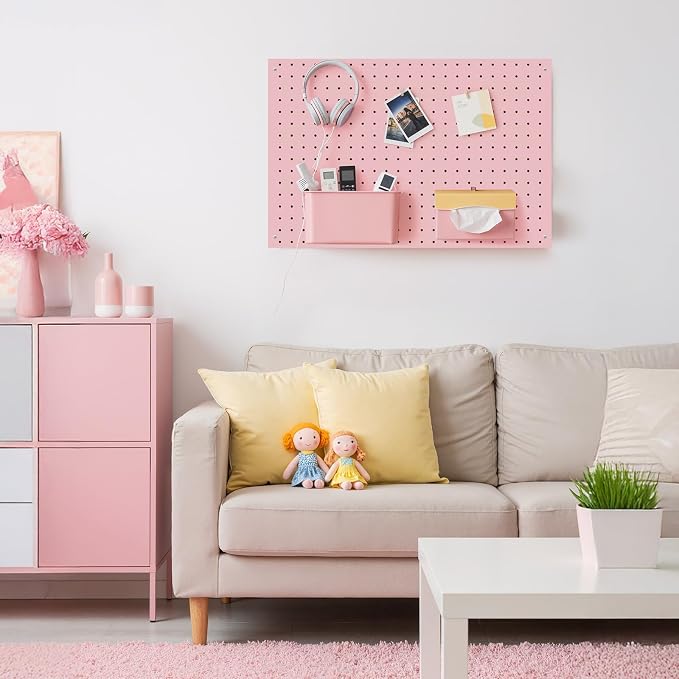 Peg Board, 2 Pack Metal Pegboard Panels Pink Pegboards Wall Organizer with Frame Large Heavy Duty Peg Board with Hooks for Walls Home,Garage Tool Storage,Office Organization,Kitchen 24”×16”