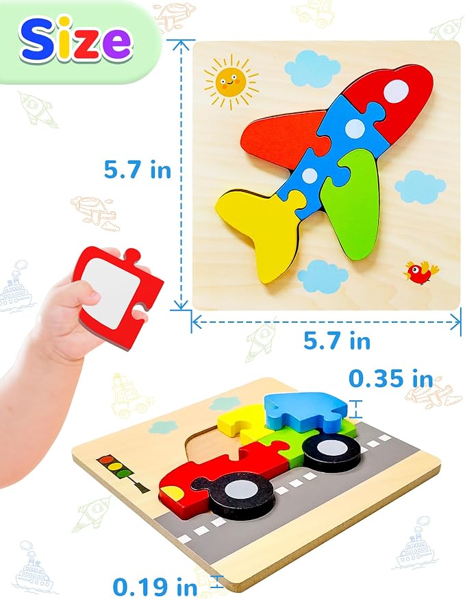 Wooden Toddler Puzzles Gifts Montessori Toys for 1 2 3 Years Old Boys Girls | 8 Vehicle Shape Puzzles, Boy Birthday Gift, Montessori Toys Educational Blocks for Toddlers 1-3, 2-4, Baby Learning Toys