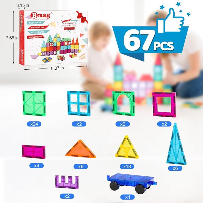 Bmag Magnetic Tiles, 67 PCS with 1 Car Building Blocks for Toddlers, 3D Magnet, STEM Educational Learning Building Blocks for Kids Children, Stacking Montessori Toys Gifts for Boys Girls