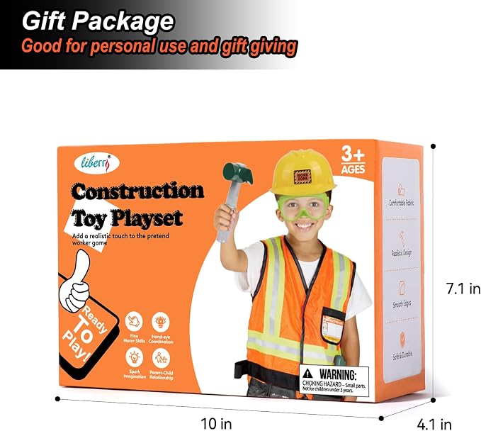 Liberry Kids Tool Set Pretend Toy for 3 4 5 Years Old with Costume | Breathable Fabric, Durable Helmet, Smooth Edges, Construction Worker Role Play, Halloween Birthday Gift for Boys Girls
