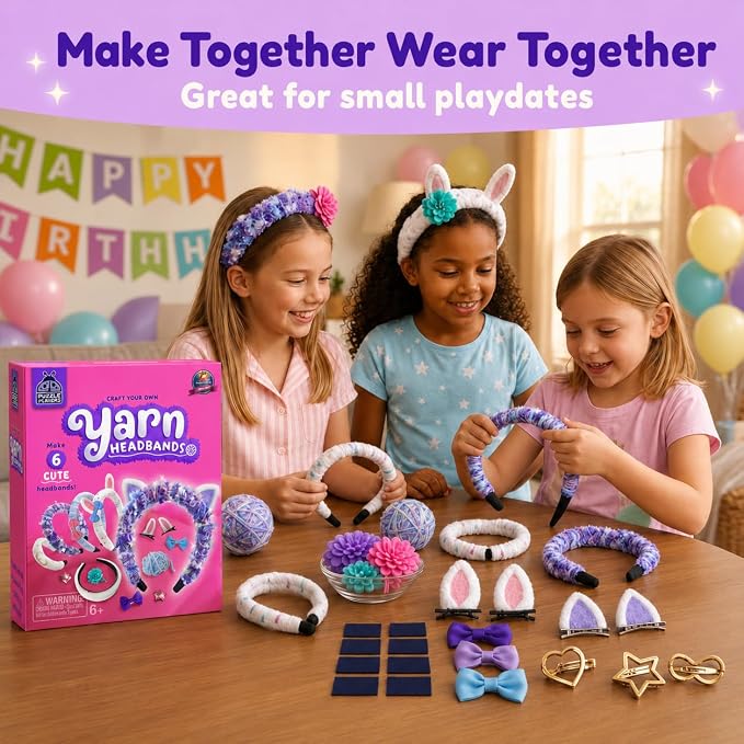 Wrap & Wear DIY Yarn Headband Making Kit, 7 Year Old Girl Birthday Gifts | Makes 6 Yarn Headbands for Girls Plus 3 DIY Metal Hair Clips, Mess-Free Headband Making Kit for Girls, Arts and Crafts for 6+