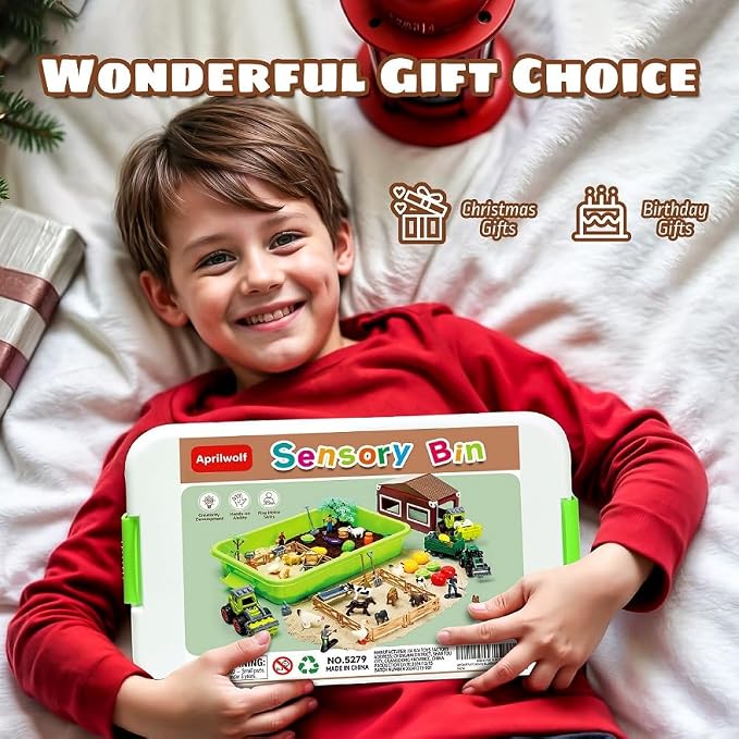 Aprilwolf 69 PCS Farm Sensory Bin Toys Playset, Sandboxes with Sand | Farmer Tractor & Farm Animals Figures Toys for Kids 3 4 5, Gifts for 6 7 8 Years Old Boys Girls