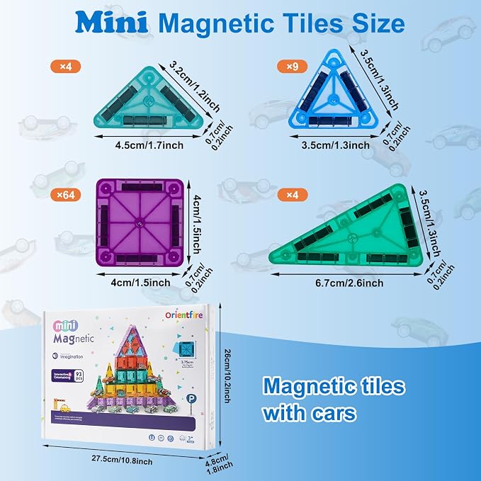 93 PCS Magnetic Tiles Mini Magnetic Building Tiles with Cars, Travel Magnetic Tiles with Storage Bag,STEM Toys for School Acitivities, Ideal Christmas Birthday Gifts for Boys Girls Age 3+ Years Old