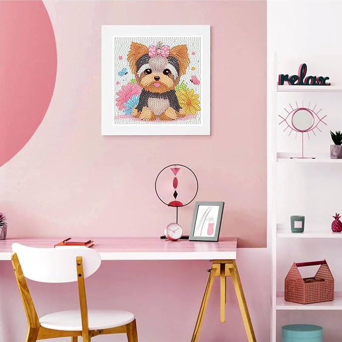 Gemozaic Dog Diamond Art Kits for Kids Ages 8-12 with Frame, 7 x 7 Inch | Cute Yorkshire Diamond Art for Kids 10 Year Old, DIY Easy Kid Big Gem Painting, Puppy Arts and Crafts for Girl Birthday Gift